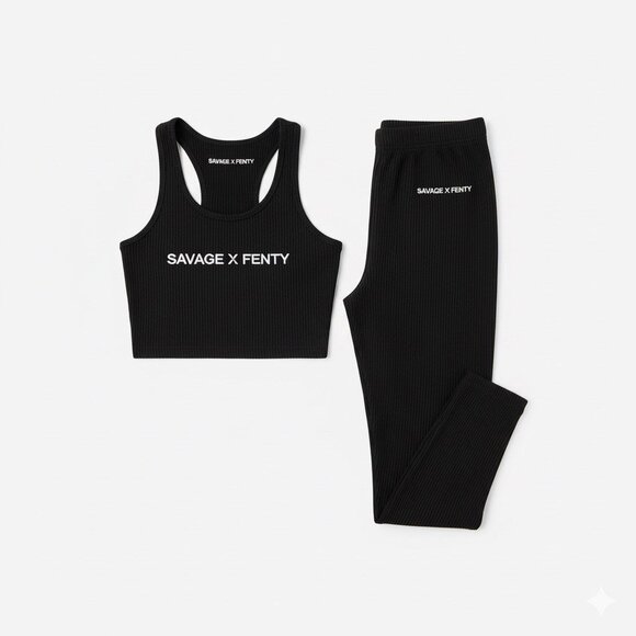 Savage X Fenty Black Bodycon Legging + Cropped Top Split Sides Set Sz L - Picture 2 of 5